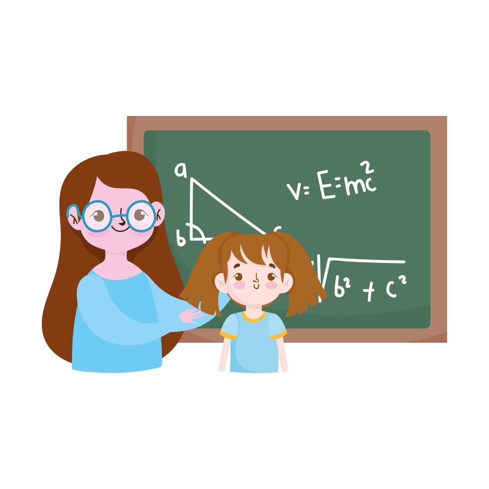 happy teachers day, teacher and student girl blackboard with lesson maths vector