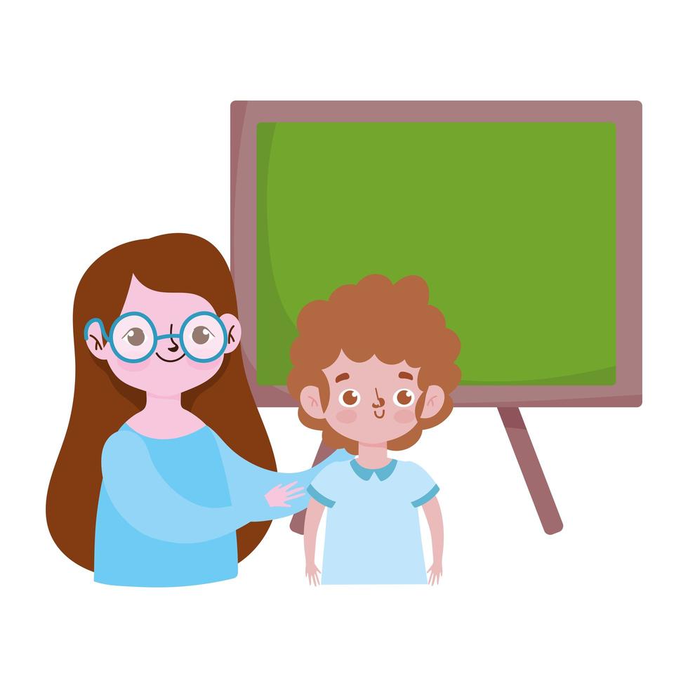 happy teachers day, teacher and student boy with blackboard vector