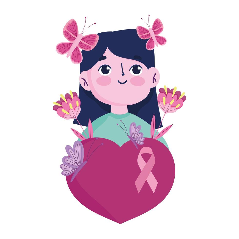 breast cancer awareness month portrait girl butterfly flowers ribbon in heart vector