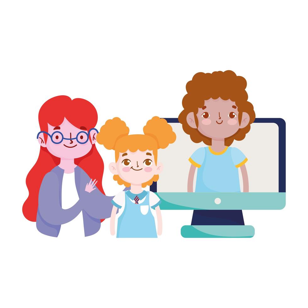 happy teachers day, teacher students girl boy computer online class vector