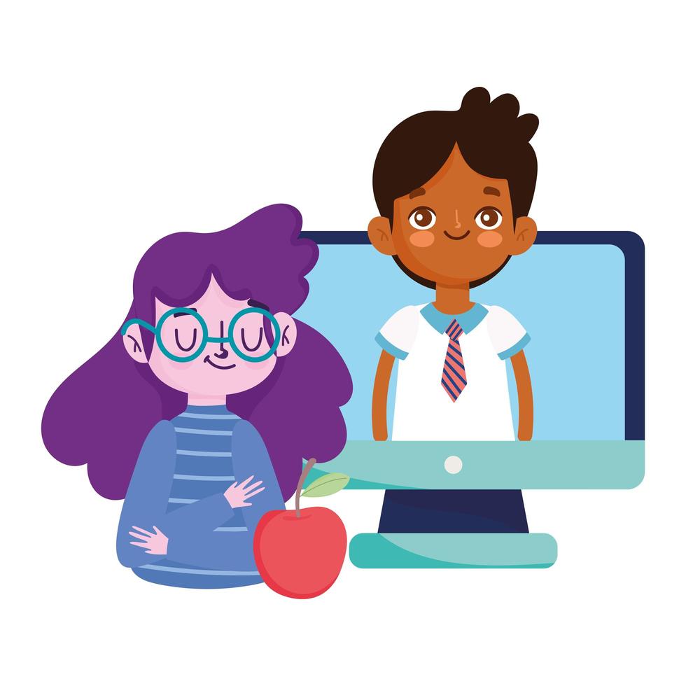 happy teachers day, teacher and student boy in video computer and apple vector