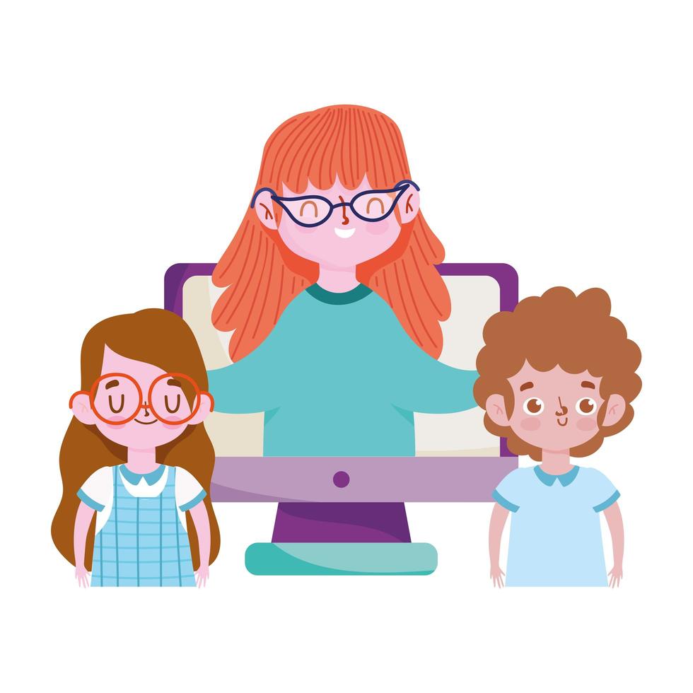 happy teachers day, teacher and student girl boy computer online class vector