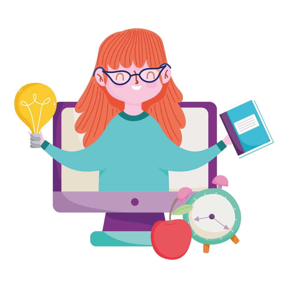 happy teachers day, teacher online class computer book clock vector