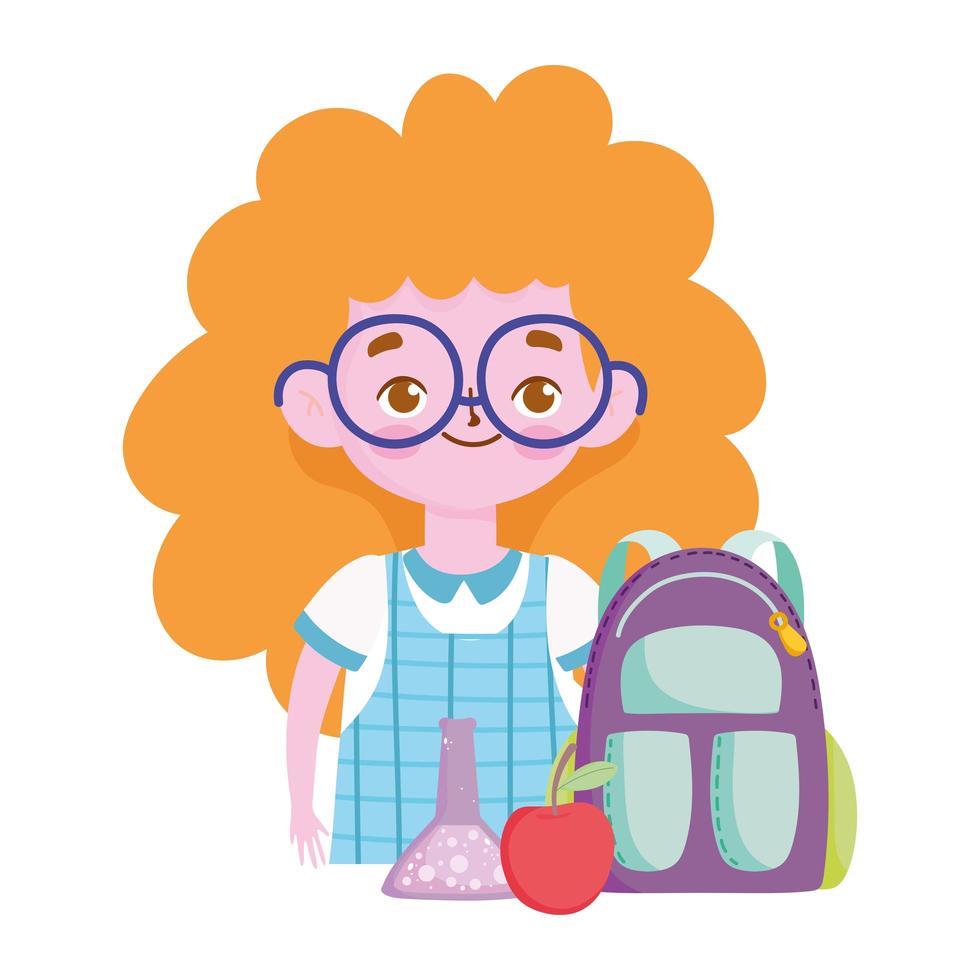 happy teachers day, student girl backpack apple and chemistry flask vector