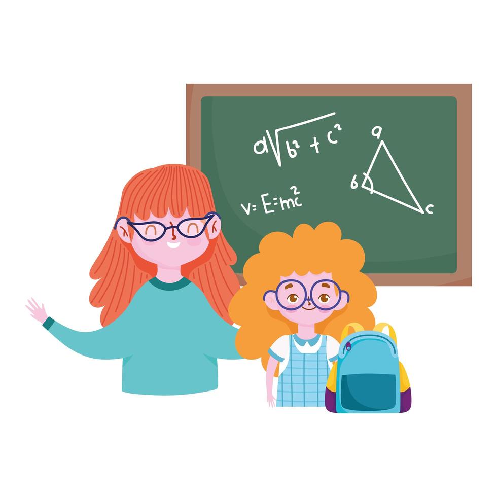 happy teachers day, teacher and student girl bag and blackboard vector