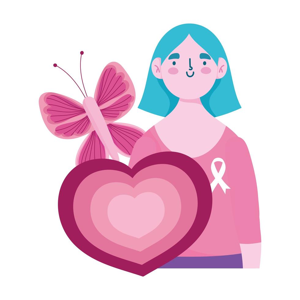 mes de concientización sobre el cáncer de mama, mujer mariposa y dibujos animados de corazón vector