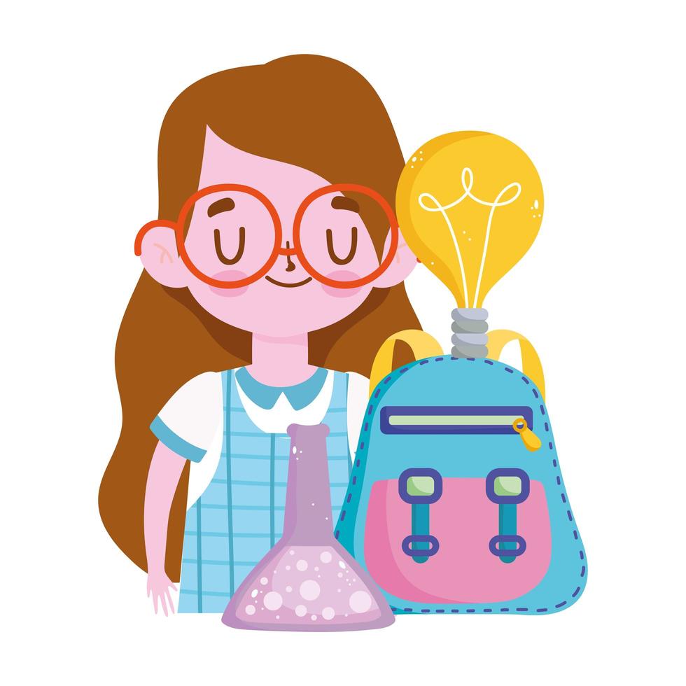 happy teachers day, student girl backpack chemistry test tube vector