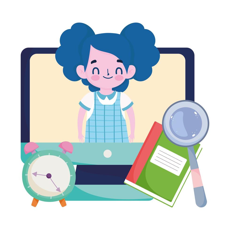 happy teachers day, student girl online computer video clock book and magnifier vector