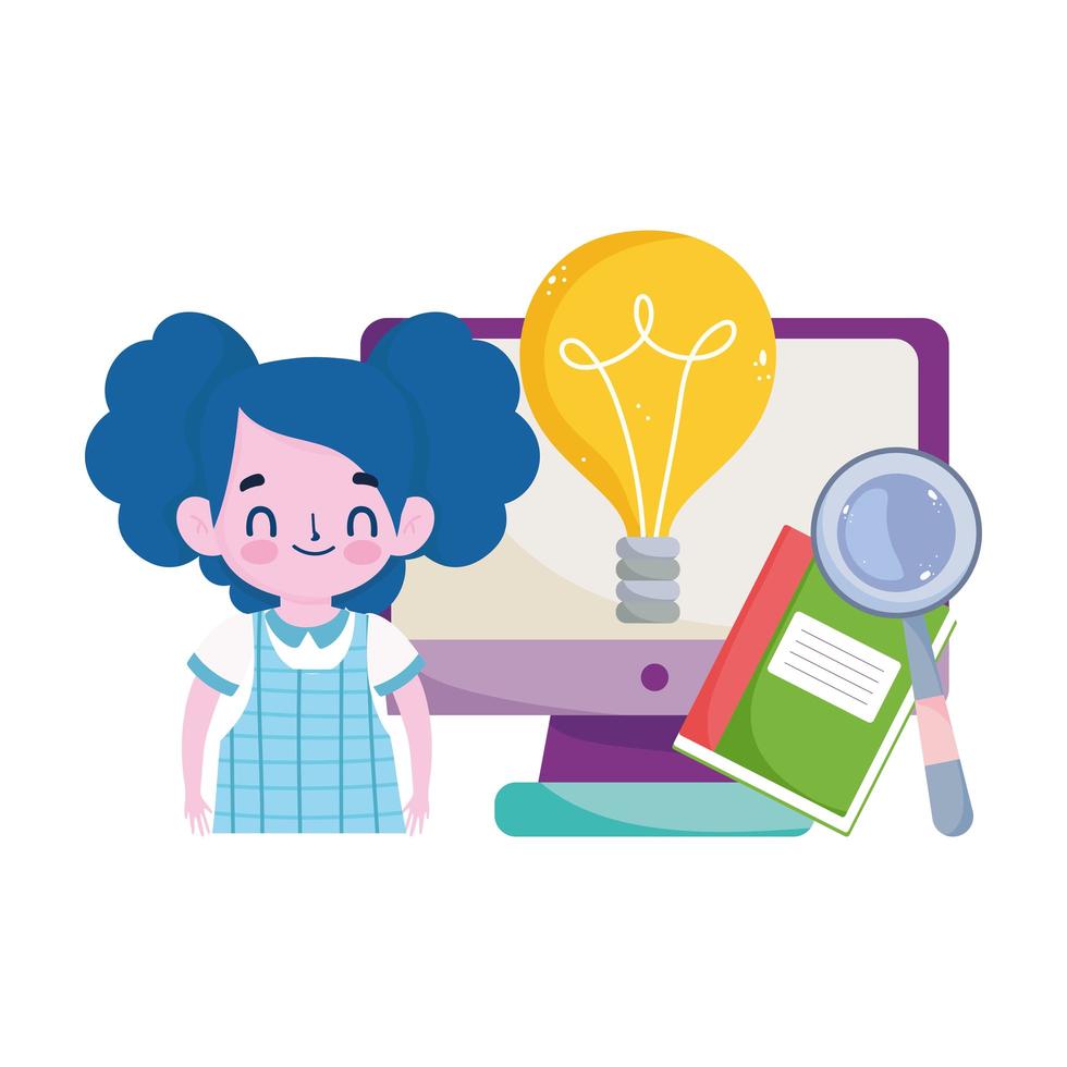 happy teachers day, student girl computer book magnifier and bulb idea vector