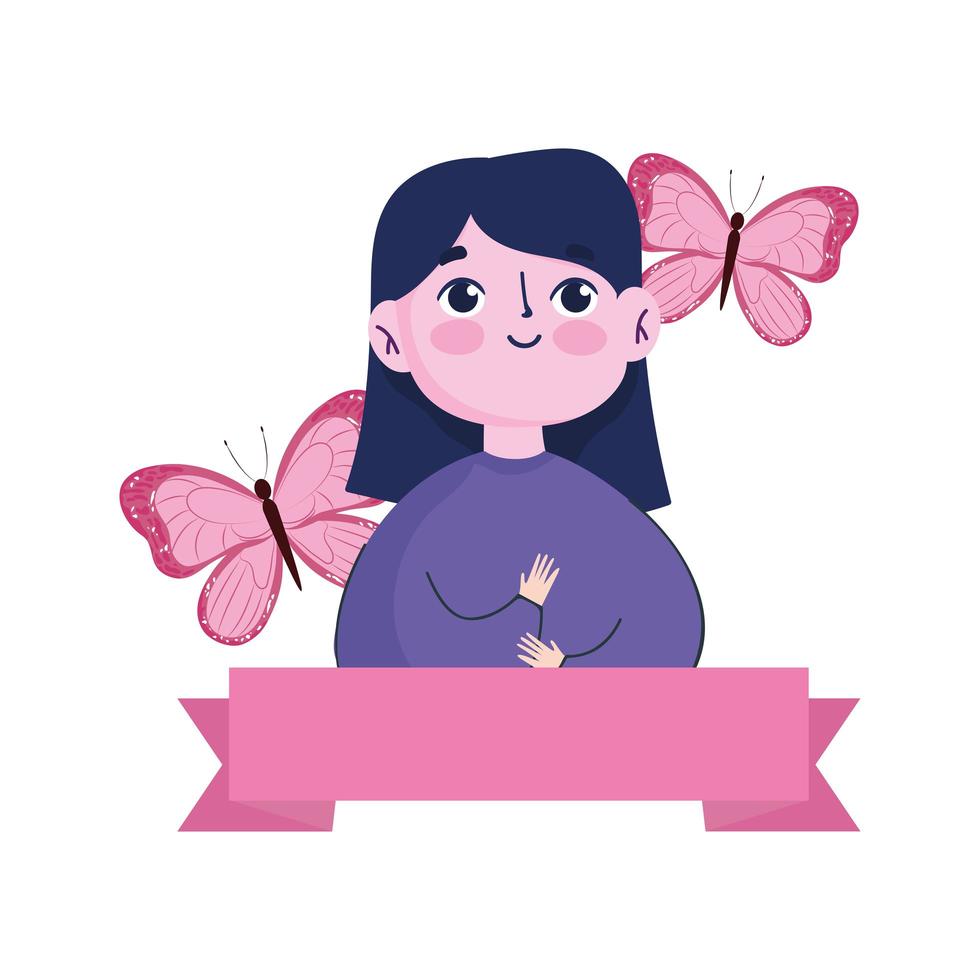 breast cancer awareness month, woman cartoon butterflies ribbon vector