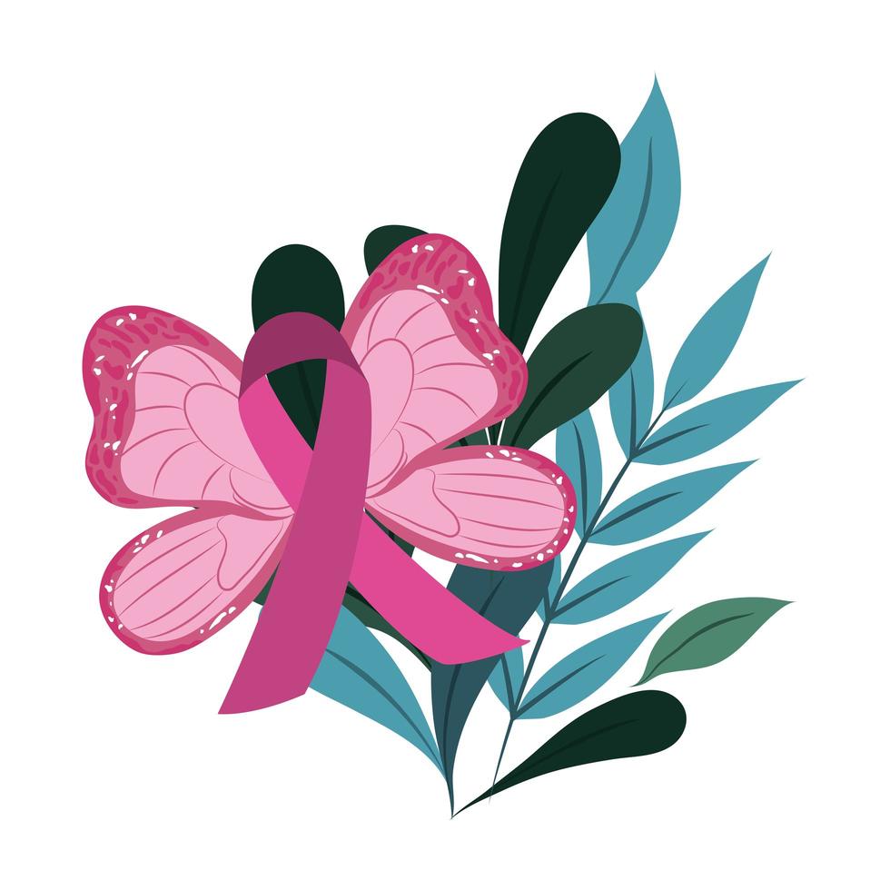 breast cancer awareness decorative butterfly ribbon leaves ornament vector