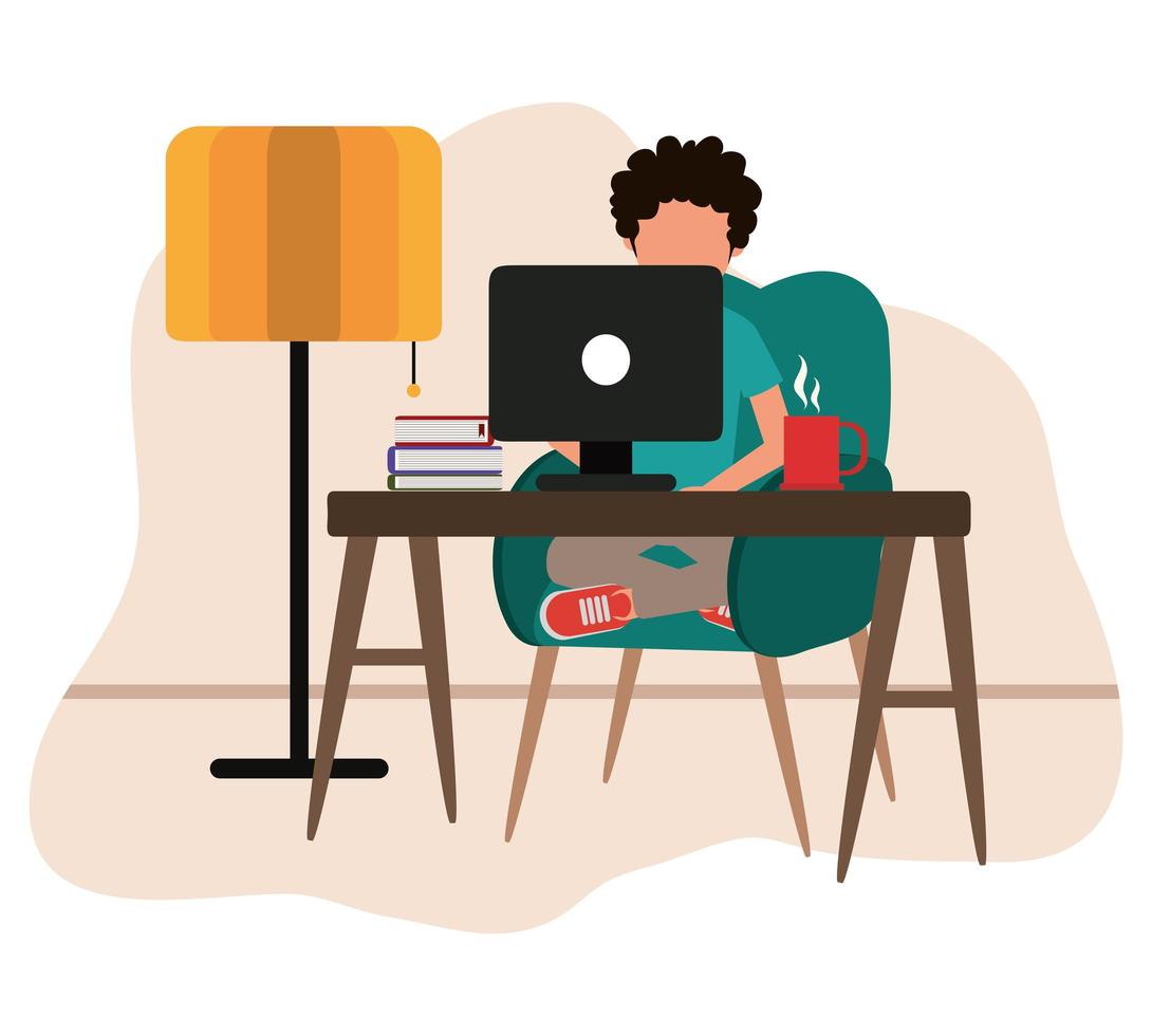 trabajando en casa, hombre con libros de computadora taza de café en la mesa, gente en casa en cuarentena vector