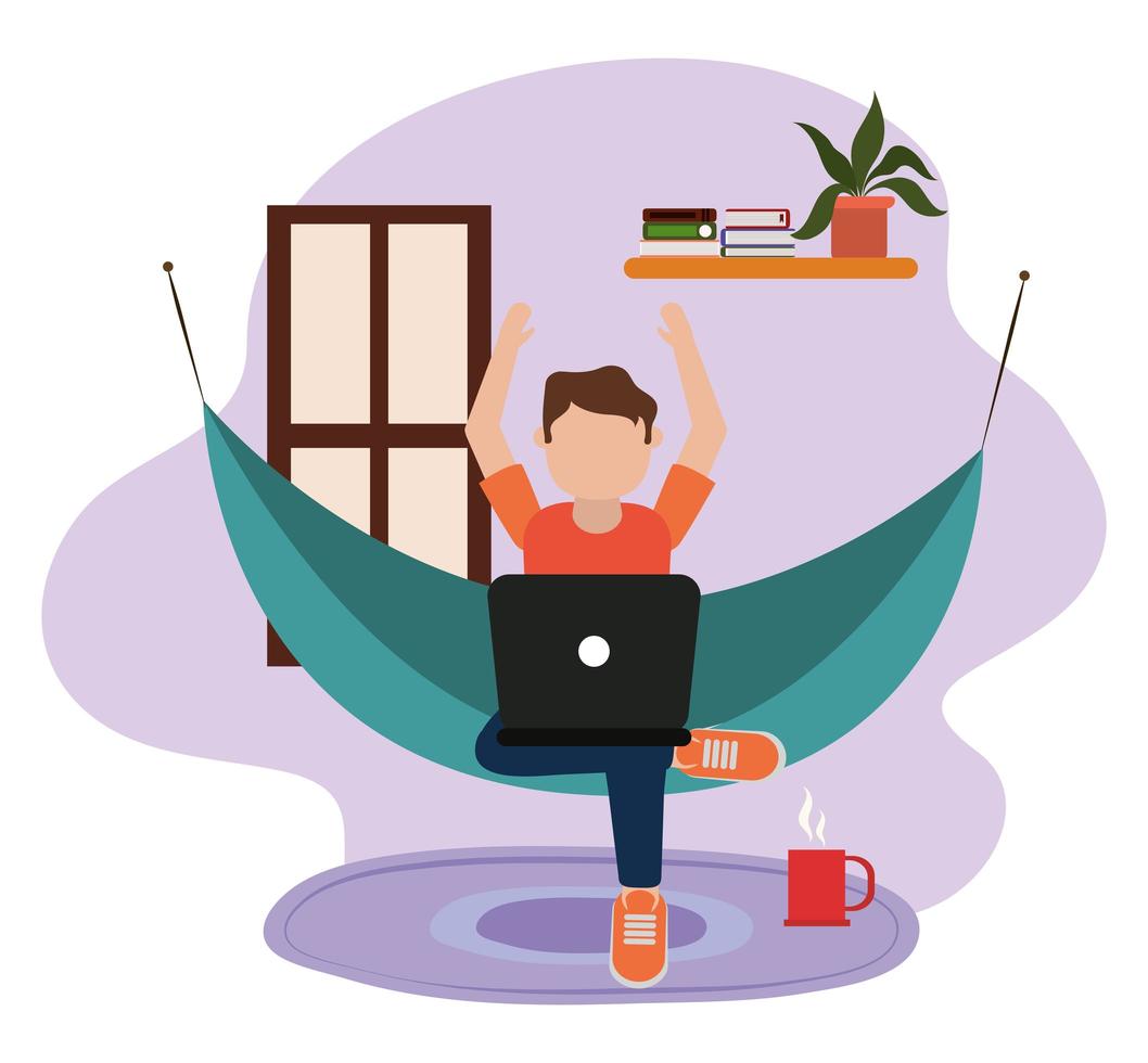 working at home, young man using laptop on hammock in room, people at home in quarantine vector