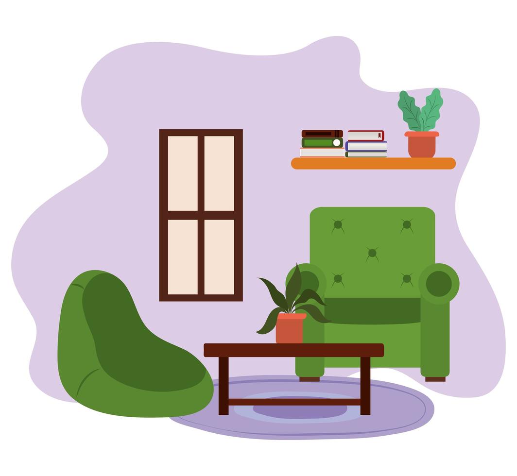 Sala de estar, sillas, mesa con maceta, estantería, libros y ventana. vector