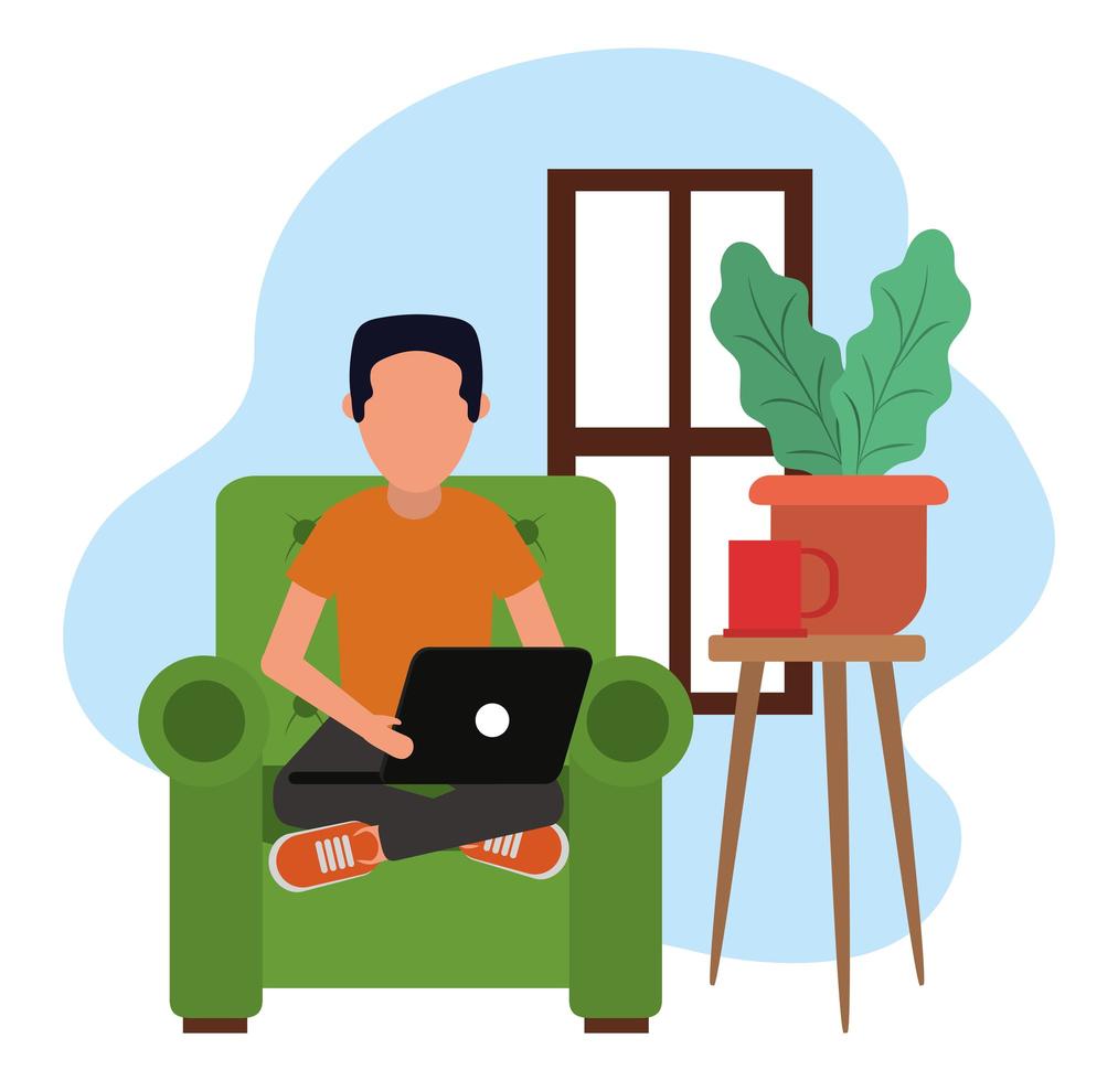 working at home, young man with laptop in chair, people at home in quarantine vector