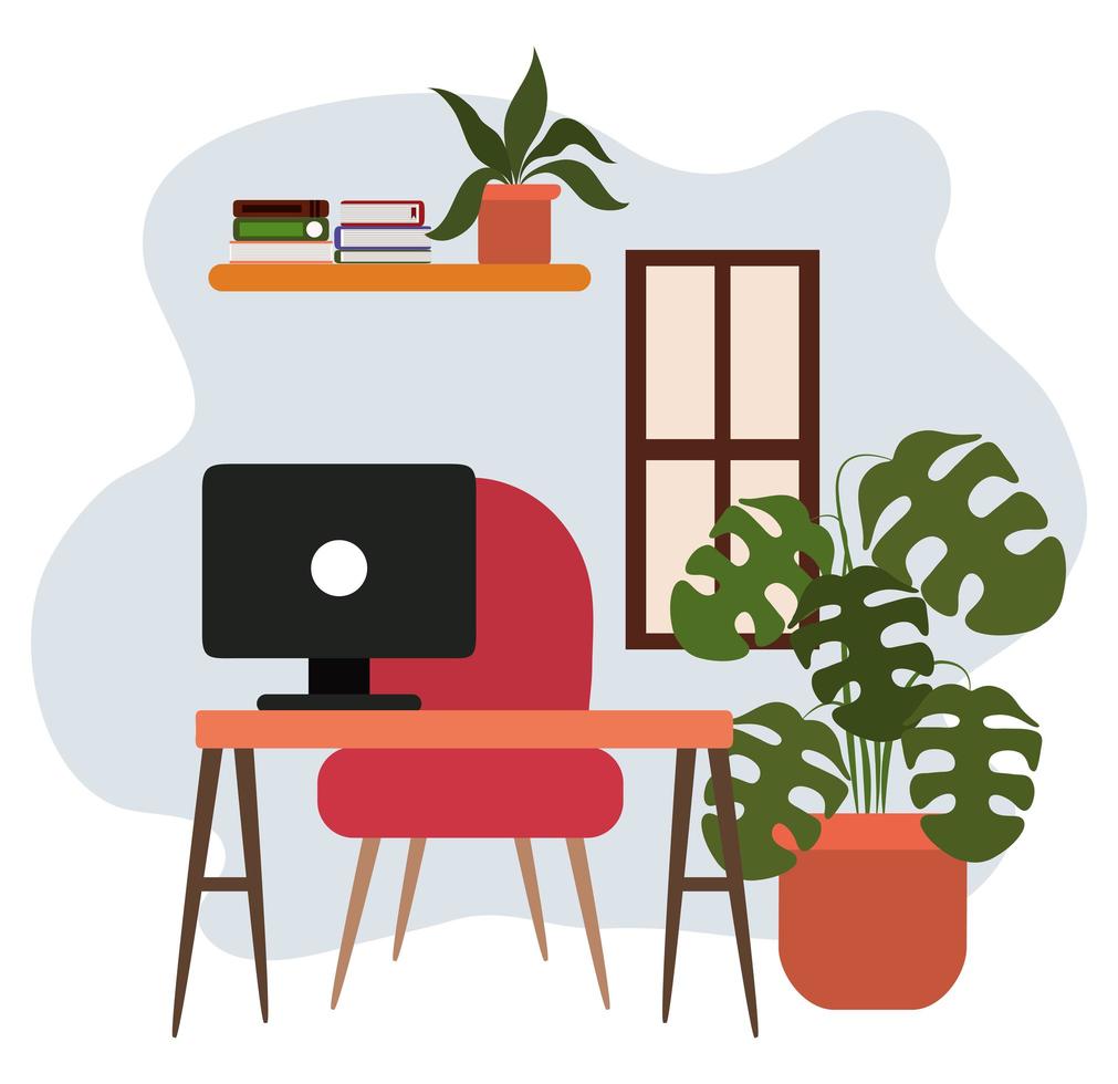 workspace desk computer chair potted plant shelf and books vector