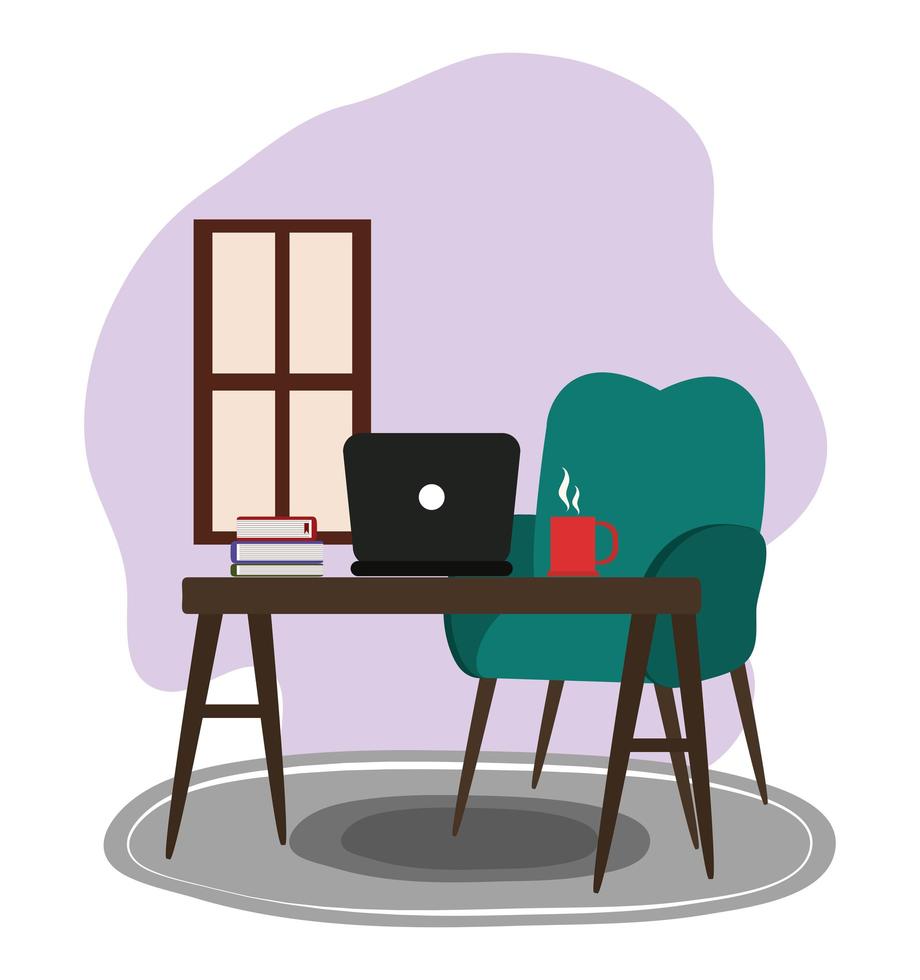 chair computer table books coffee cup window cartoon vector