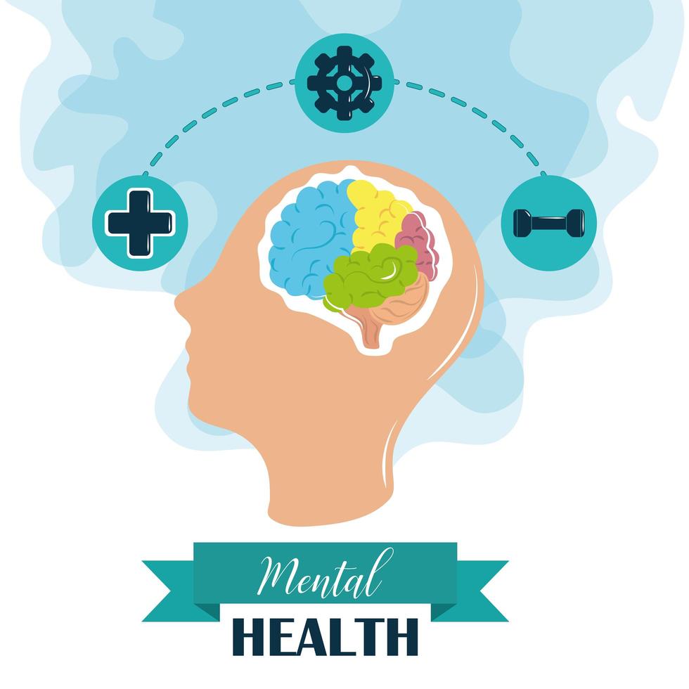 día de la salud mental, cabeza humana actividades del cerebro psicología tratamiento médico vector