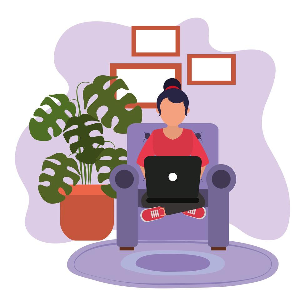 working at home, woman on chair crossed legs with laptop, people at home in quarantine vector