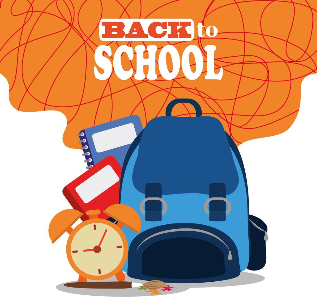 back to school, backpack books and alarm clock elementary education vector