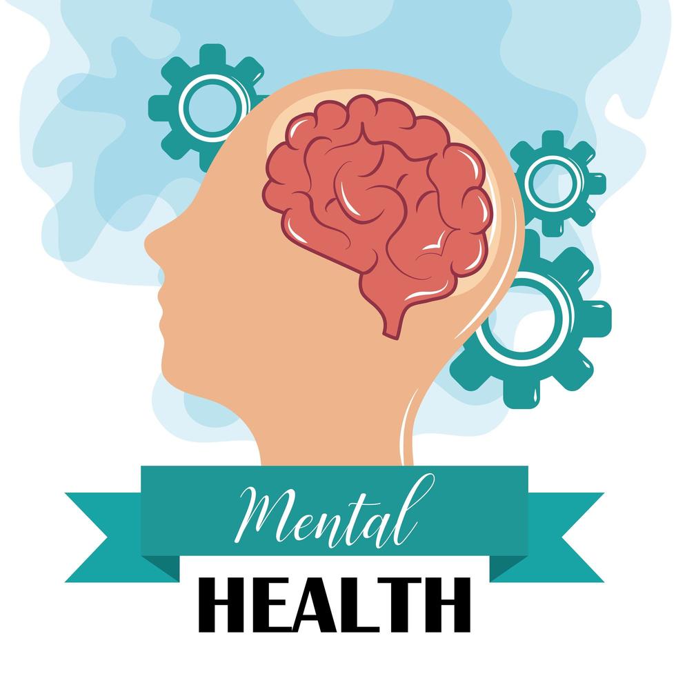 mental health day, human profile brain gears, psychology medical treatment vector