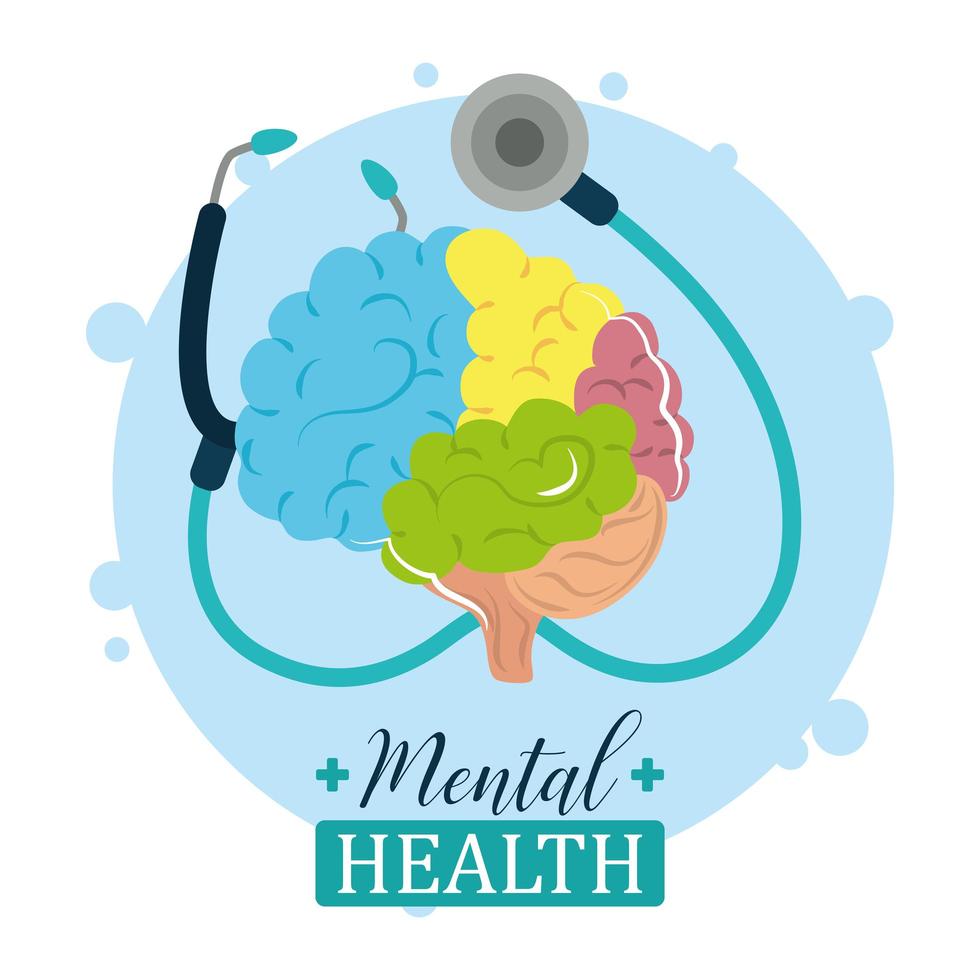 día de la salud mental, estetoscopio médico y cerebro humano, tratamiento psicológico vector