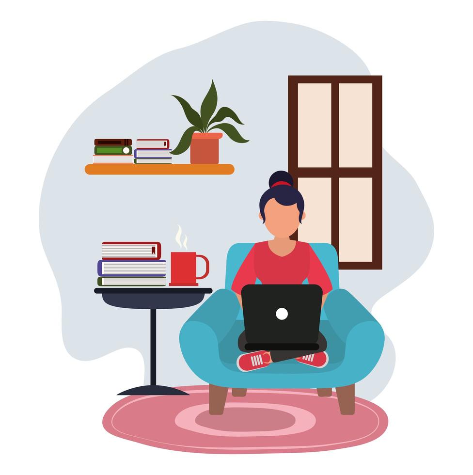 working at home, young woman using laptop table with books, people at home in quarantine vector