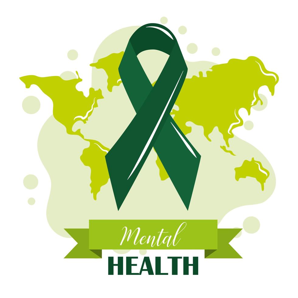 mental health day, green ribbon world awareness, psychology medical treatment vector