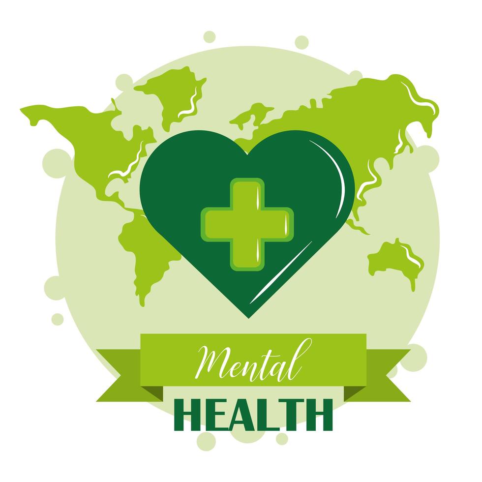mental health day, green heart world awareness, psychology medical treatment vector