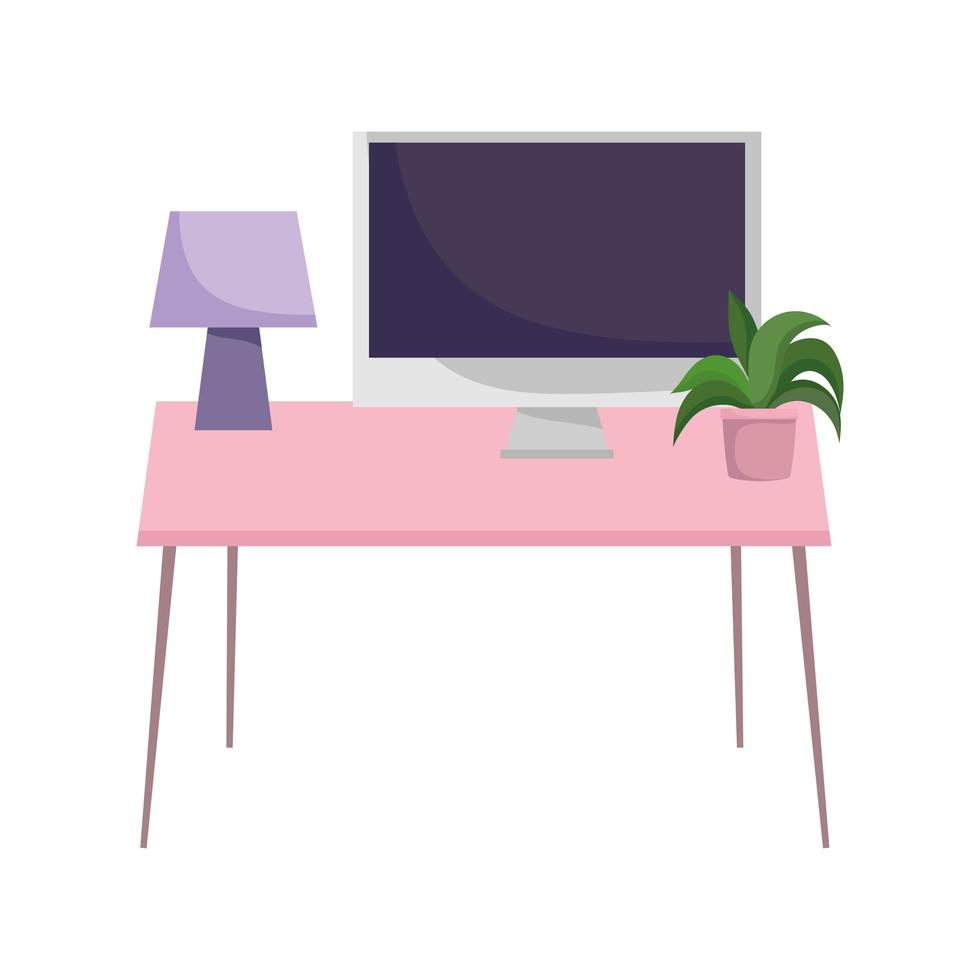 Espacio de trabajo lámpara de escritorio computadora y planta diseño aislado fondo blanco. vector