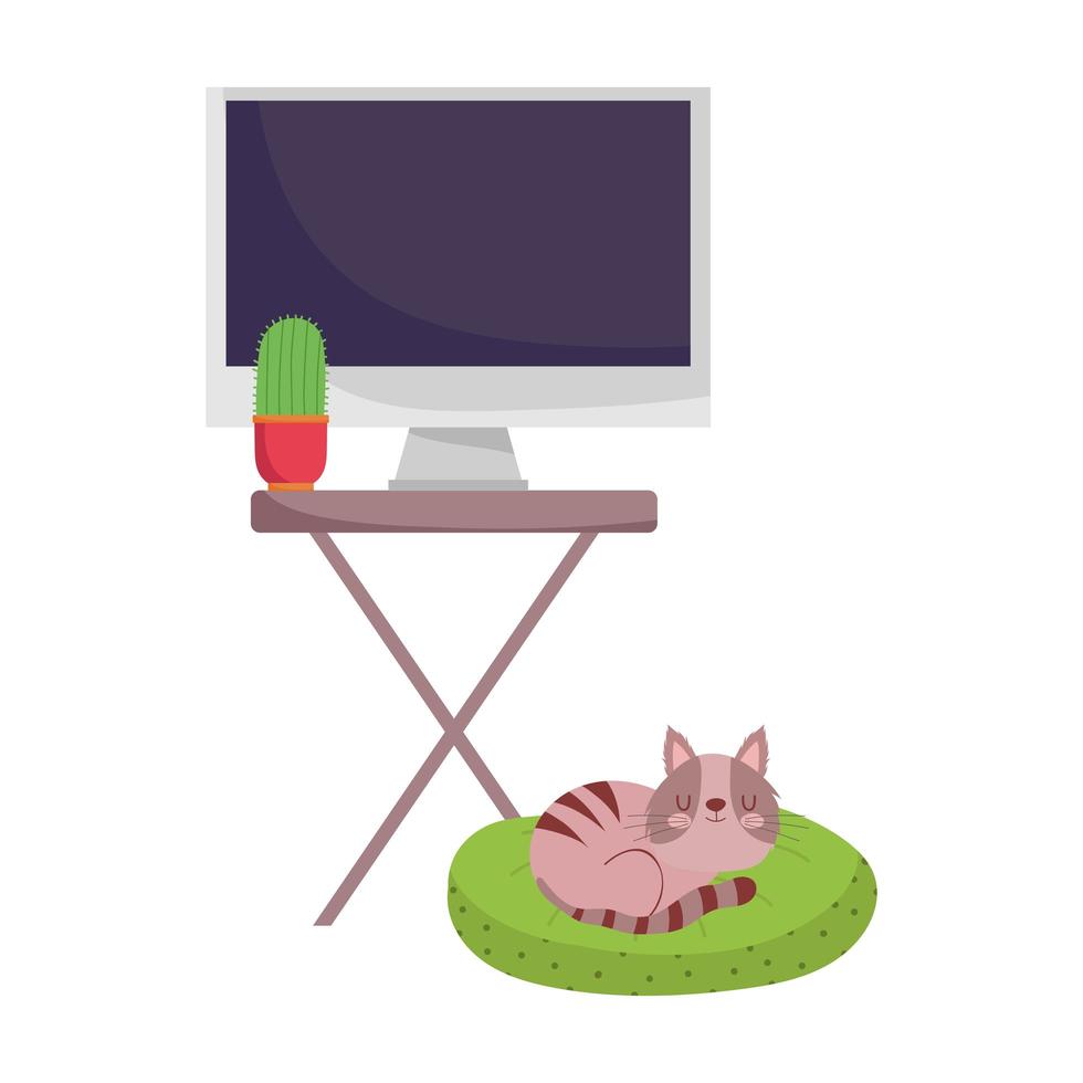 Mesa de trabajo con pantalla de ordenador cactus y gato en cojín diseño aislado fondo blanco. vector