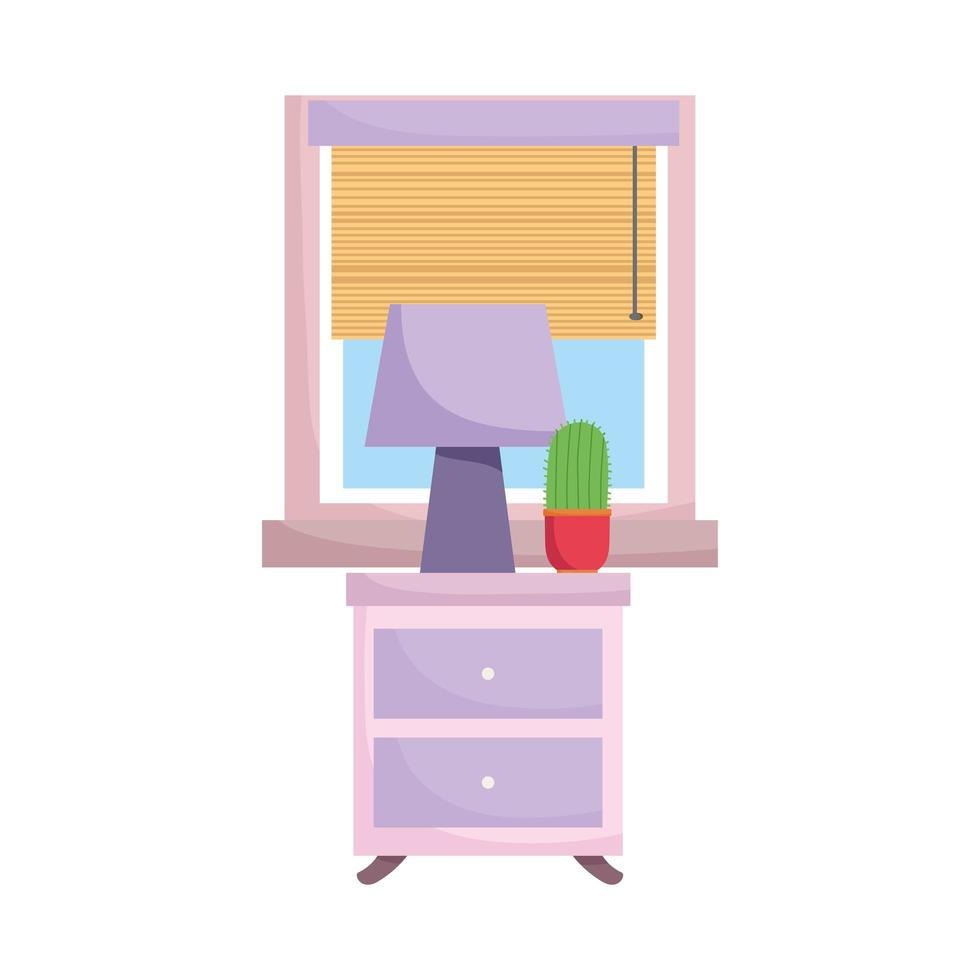 Cajones muebles con lámpara de cactus y ventana de diseño aislado fondo blanco. vector