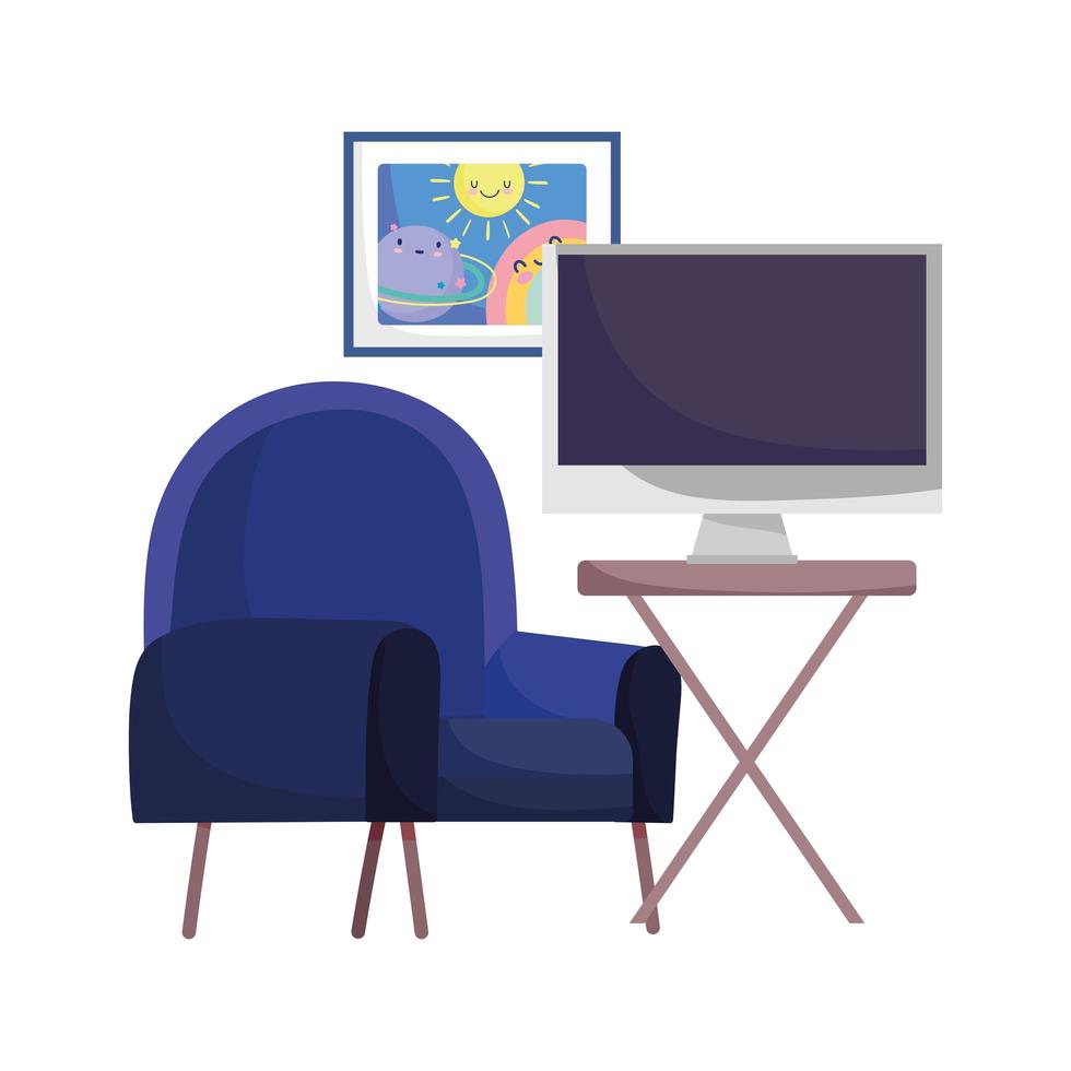 Espacio de trabajo silla azul mesa con monitor de diseño aislado fondo blanco. vector