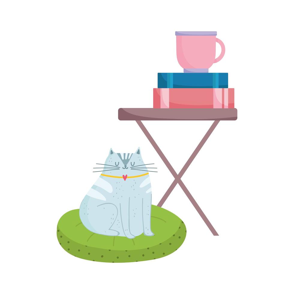 Espacio de trabajo taza de café libros sobre la mesa y gato diseño aislado fondo blanco. vector