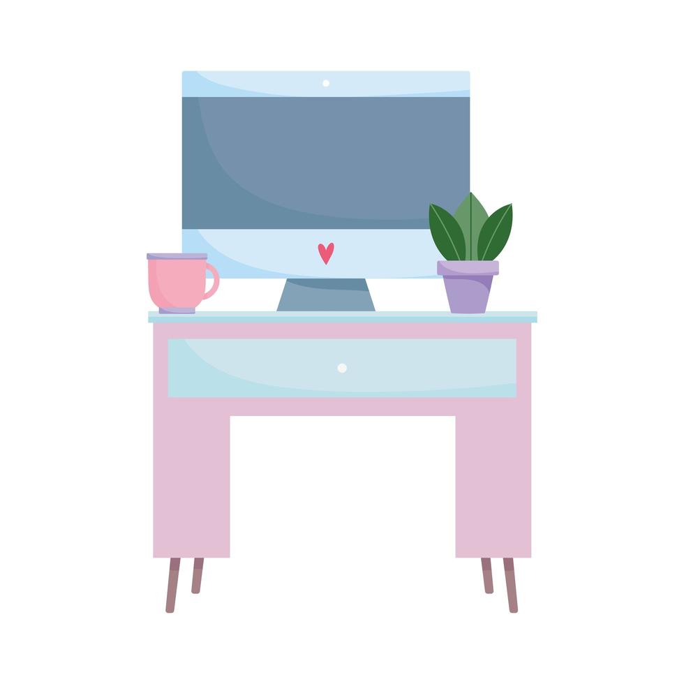 Mesa de área de trabajo con computadora taza de café y diseño aislado de plantas fondo blanco. vector