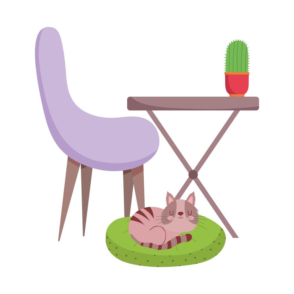 Mesa de silla púrpura de espacio de trabajo con cactus y gato en cojín de diseño aislado vector