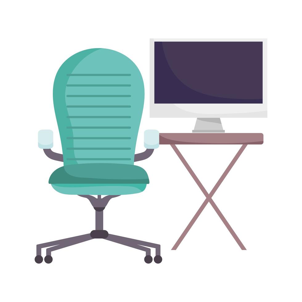 workspace armchair table and pc monitor isolated design white background vector