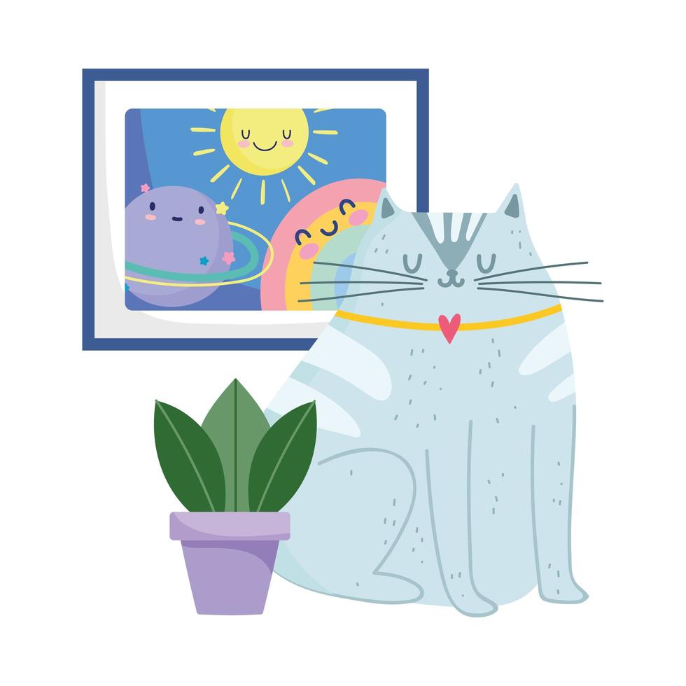 cute cat with plant and drawing rainbow decoration isolated design vector