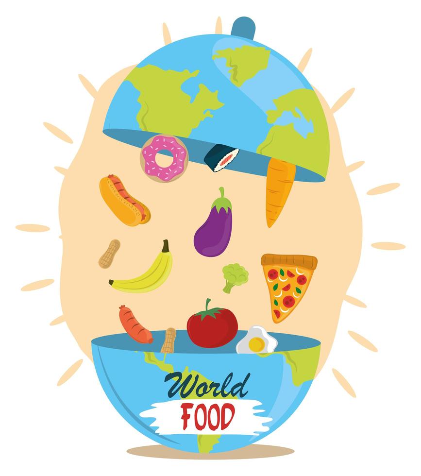 world food day, dish cloche shaped earth with products, healthy lifestyle vector
