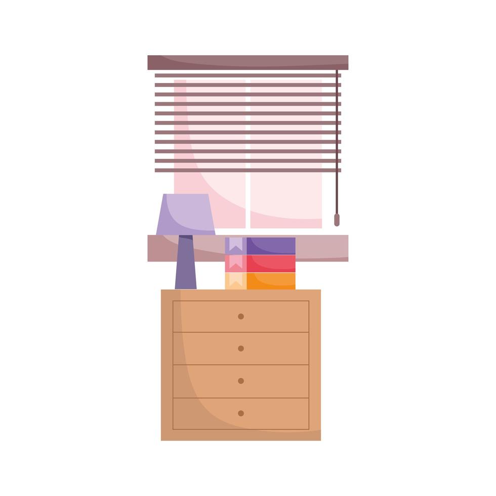 Espacio de trabajo libros lámpara muebles y ventana diseño aislado fondo blanco. vector