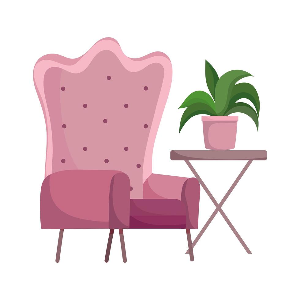 Mesa sillón rosa con planta de diseño aislado fondo blanco. vector