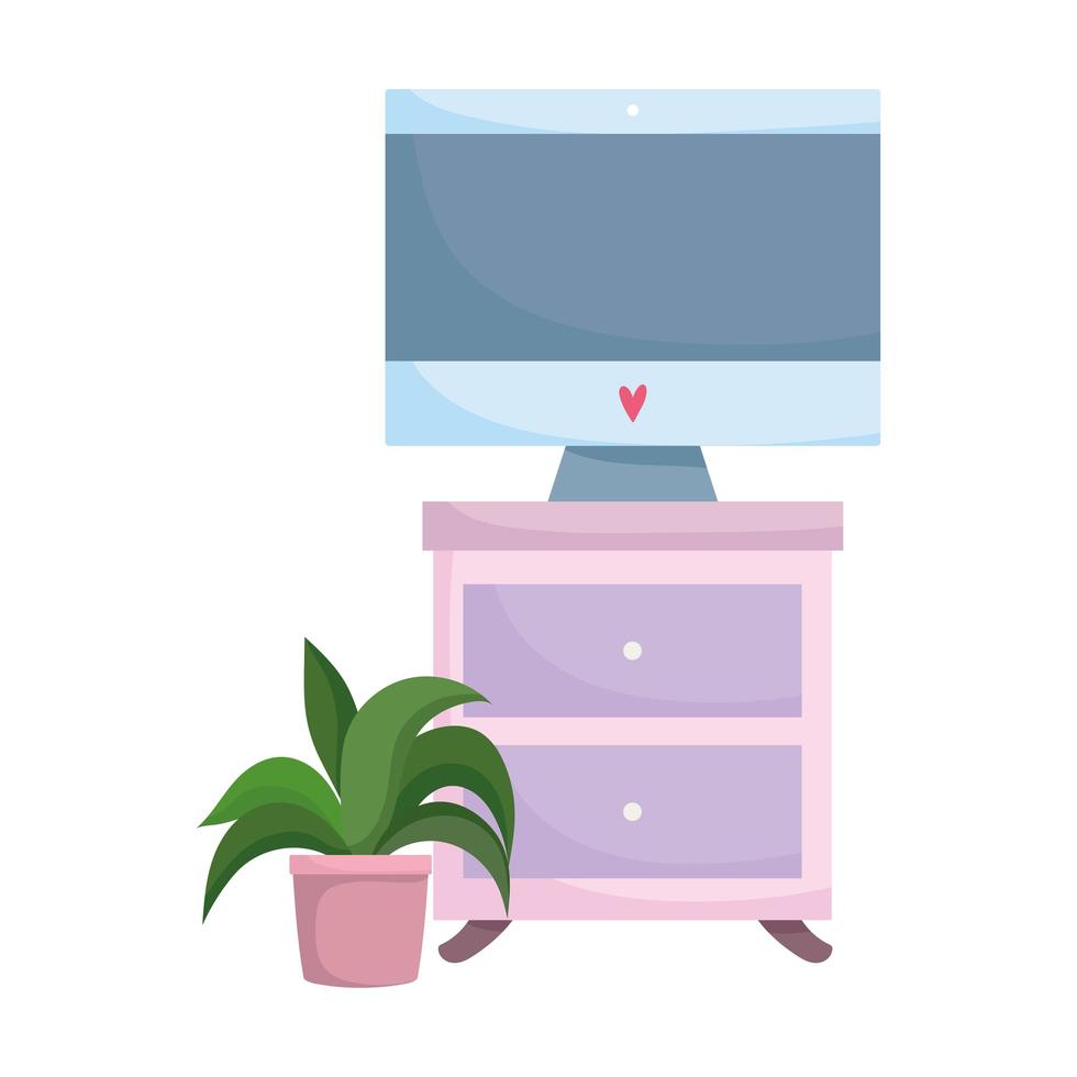 Computadora de área de trabajo en la mesa y planta en maceta diseño aislado fondo blanco. vector