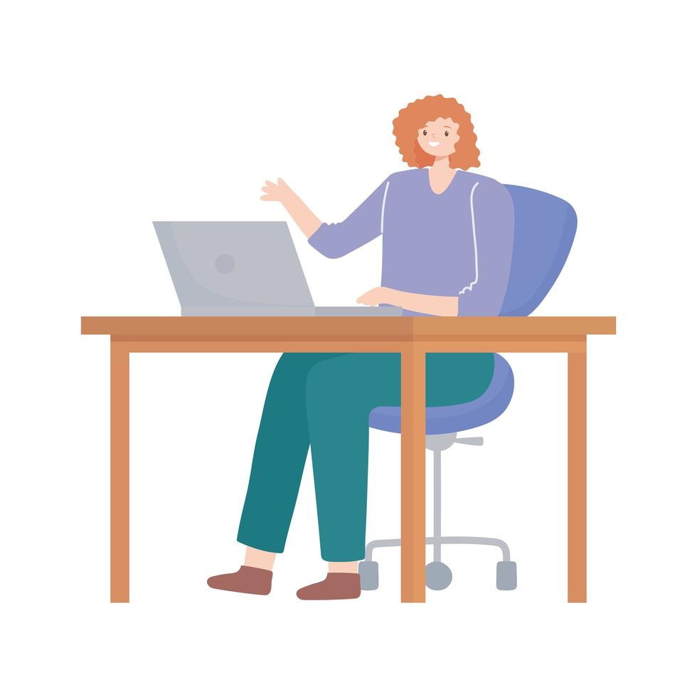 woman using laptop on desk working isolated design white background vector