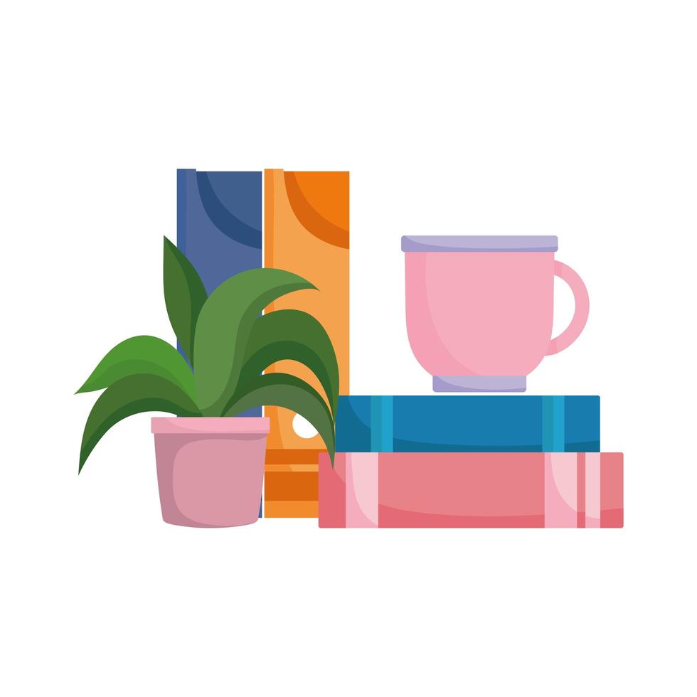 espacio de trabajo, taza de café, libros, binder, y, planta, aislado, fondo blanco vector