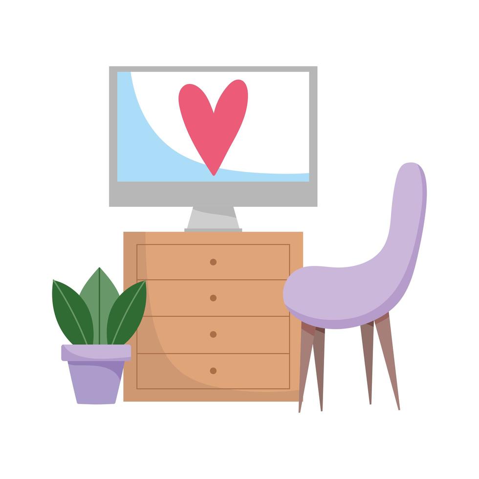 workspace computer on furniture chair and plant isolated design white background vector
