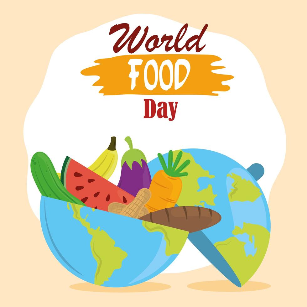 día mundial de la alimentación, planeta lleno de frutas, verduras y pan, estilo de vida saludable vector