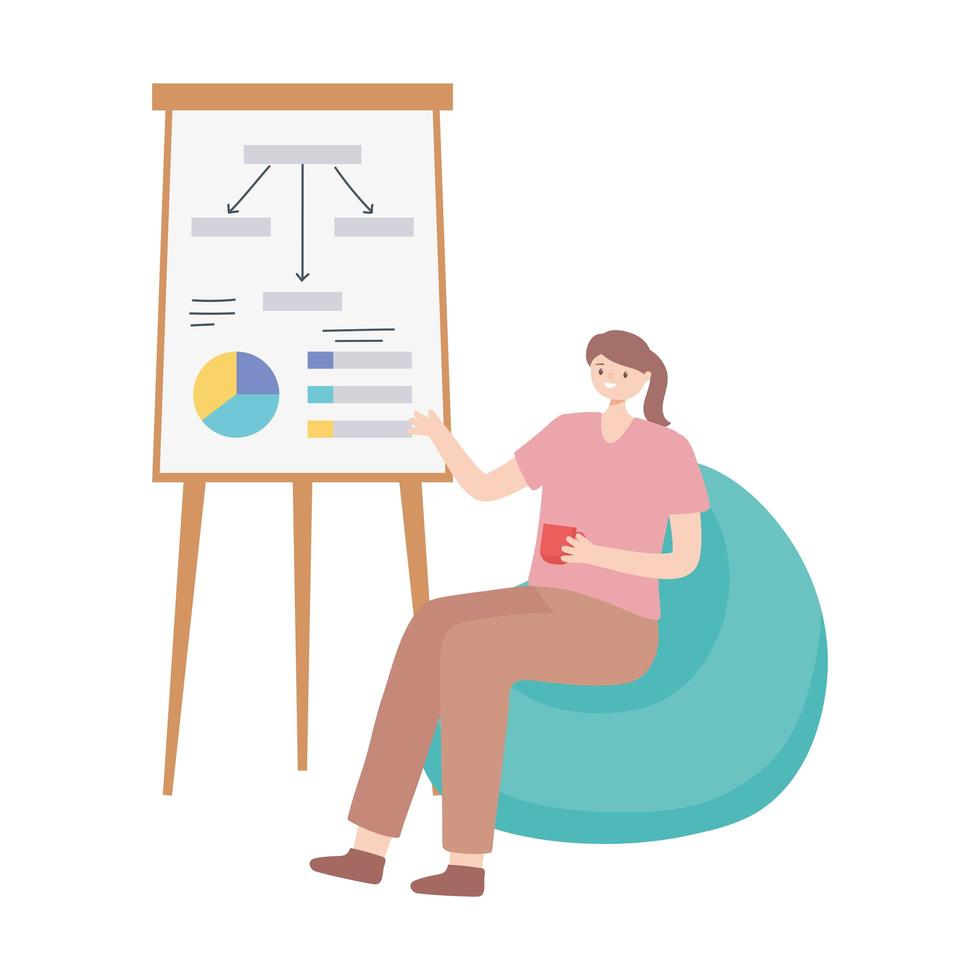 coworking, businesswoman sitting on chair with business report board vector