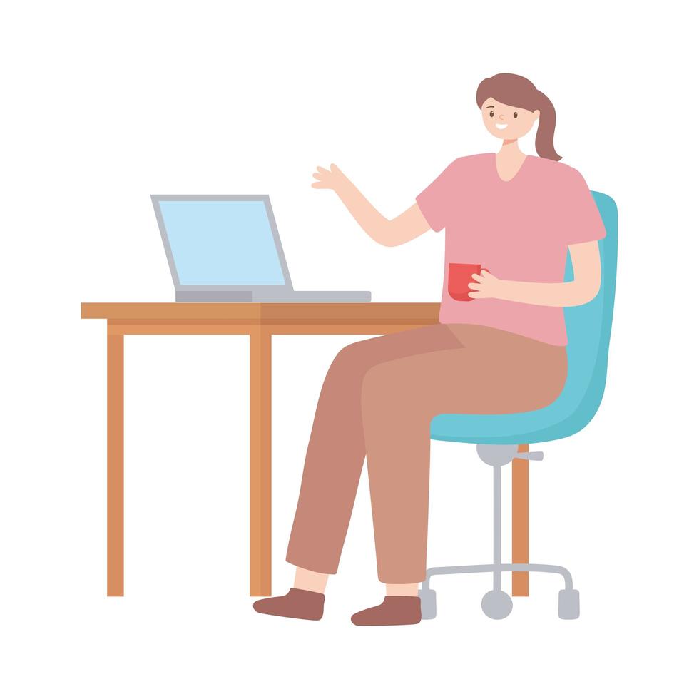 employee woman interior office desk chair and coffee cup vector