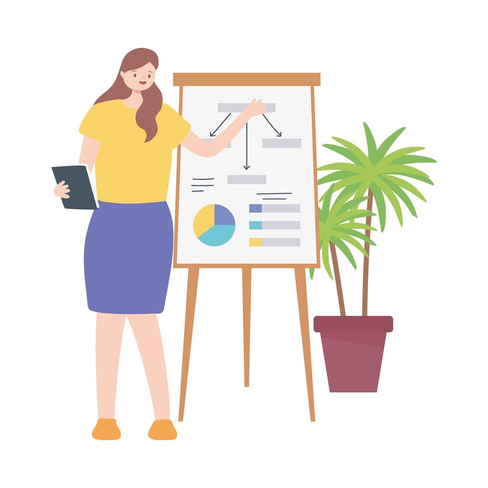 business woman working in a room with board report presentation vector