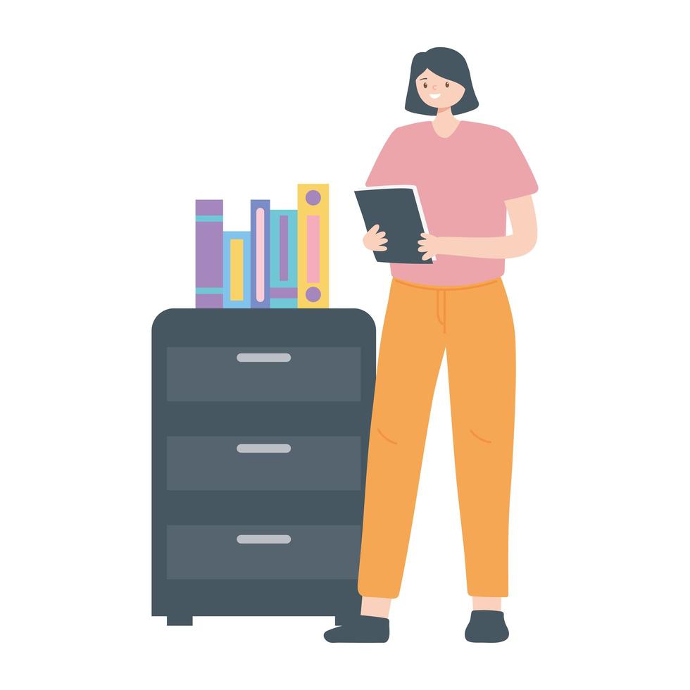 woman employee with book and cabinet office white background vector